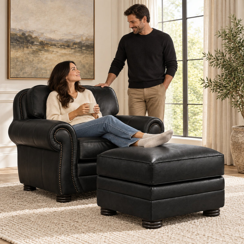 Santa Ana Heirloom Quality Ottoman in Buttery Soft 100% Top Grain Leather, Made to Order, Berkshire Onyx
