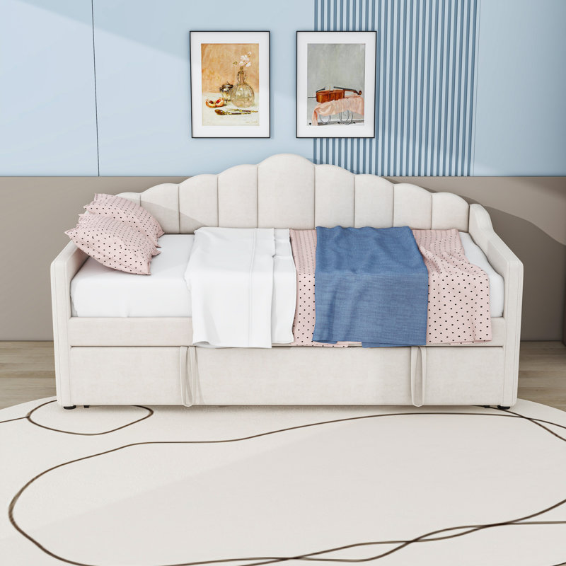 Twin Upholstered Daybed with Pop Up Trundle, USB Port and Side Pockets, Beige