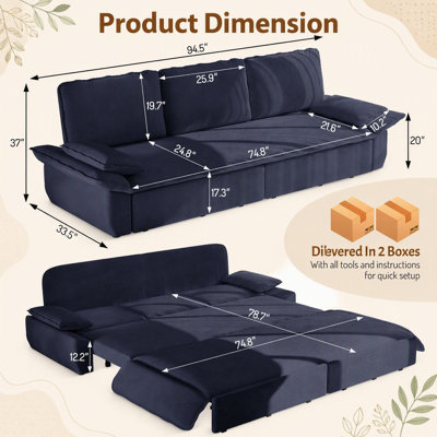 94.5 Inch King Size 3-in-1 Convertible Corduroy Sleeper Sofa, Multi-Functional and Comfortable for Any Room