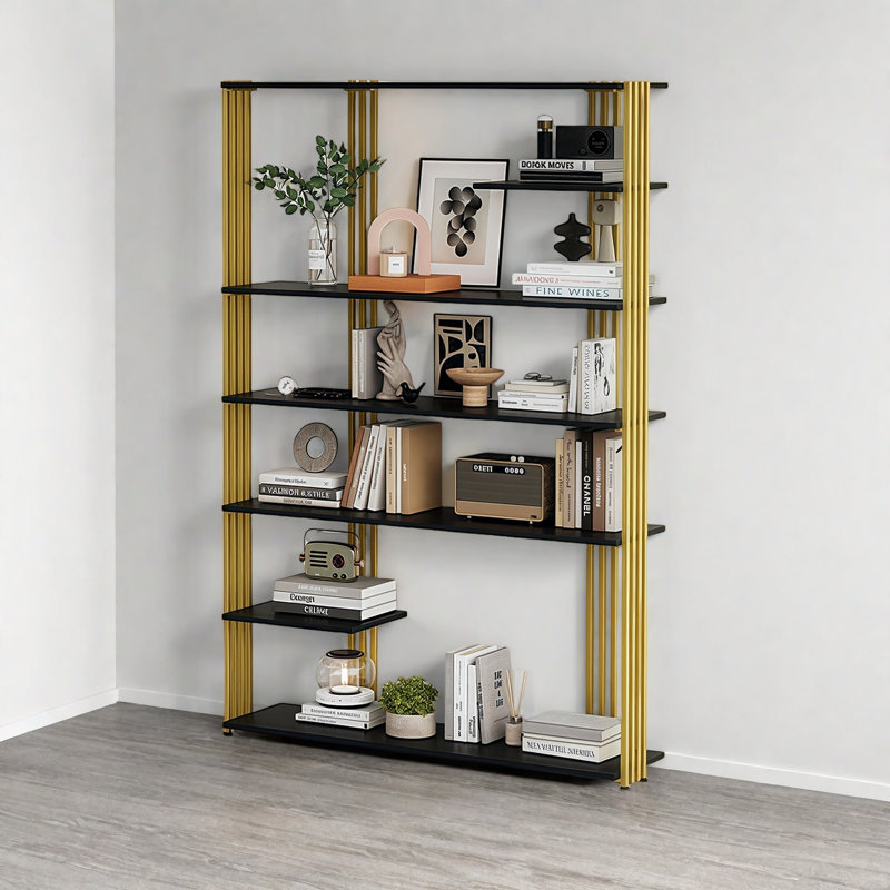 Une bibliothèque attrayante et tendance, 70.8"H x 59"W x 11.8"D, Noir et or