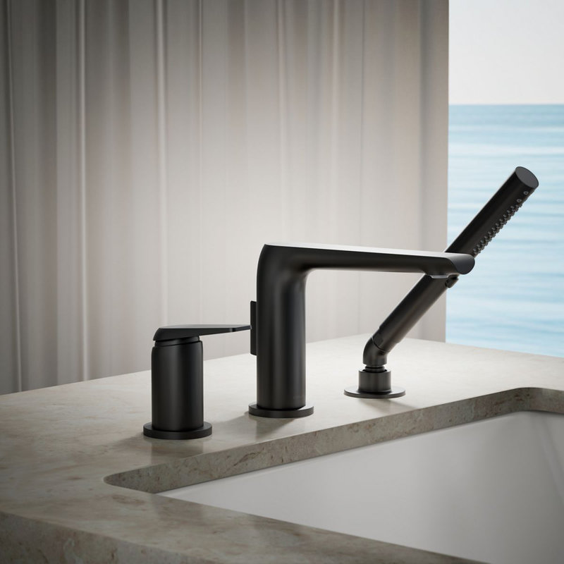 Avid Deck-Mount Bath Faucet With Handshower, Matte Black