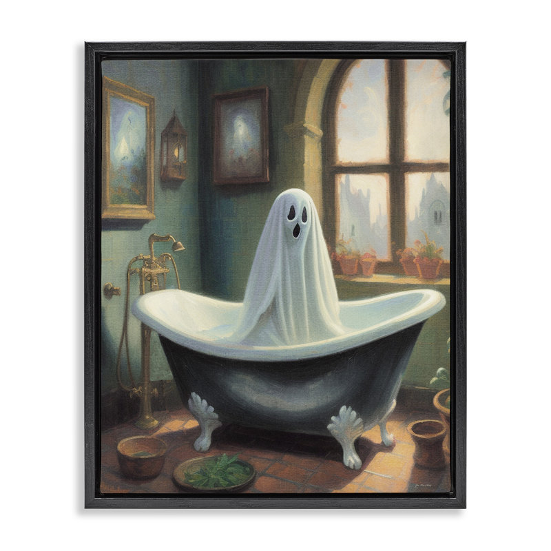 Ghost Bathing in Tub  Framed Floater Canvas Wall Art, design by Jo Moulton, Jet Black Floater Frame, 21" H x 17" W
