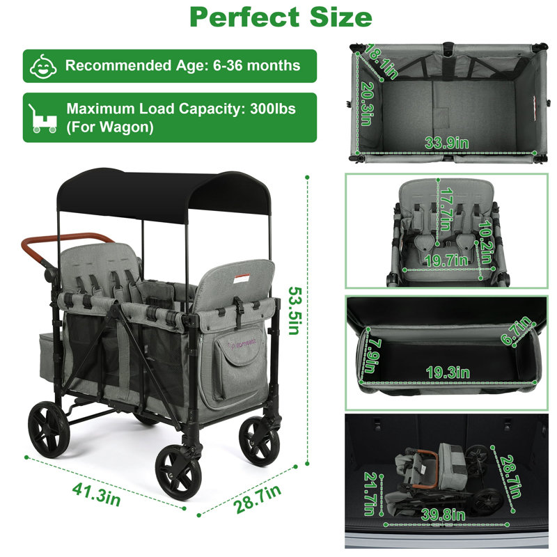 Extra Large 3-In-1 Travel System Stroller With Canopy, Converts To Quad Seat, One-Hand Fold & All-Terrain Wheels, 4, Gray