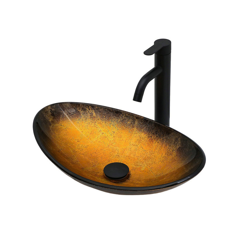 Artistic Tempered Glass Artisanal Gold-Veined Glass Vessel Sink With Black Pop-Up Drain, Gold Boat Shape Bathroom Sink Above Counter (No Faucet)