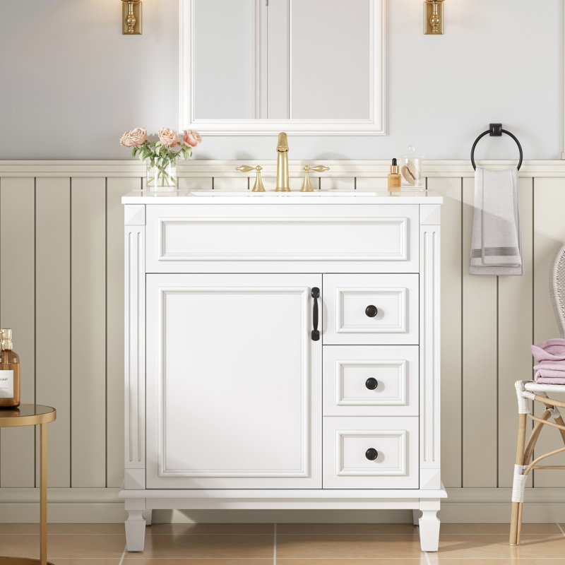 Meuble-lavabo de 76 cm avec lavabo en céramique, 2 tiroirs et tablette réglable - Glissement fluide pour les petits tiroirs