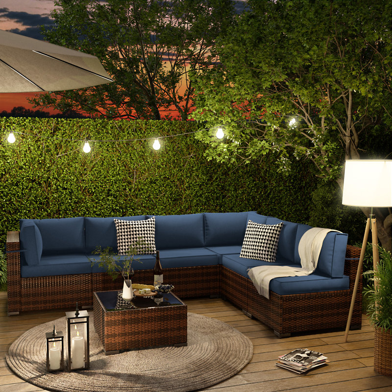 Keyala 7-Piece Rattan Sectional Seating Group with 4-Inch Thick Cushions, Navy Blue