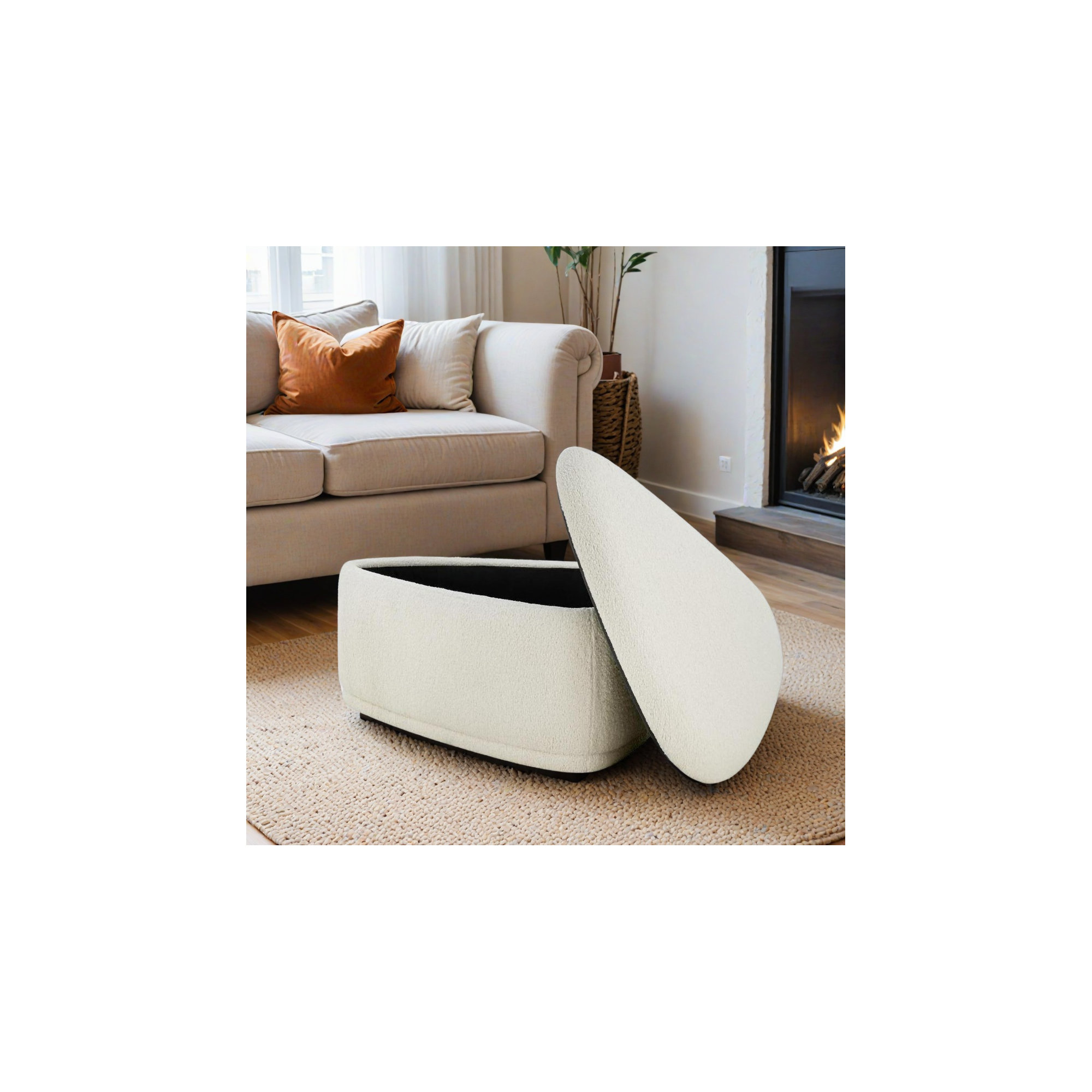 Adna 44'' Triangular Upholstered Storage Ottoman, Aries Cream Sherpa