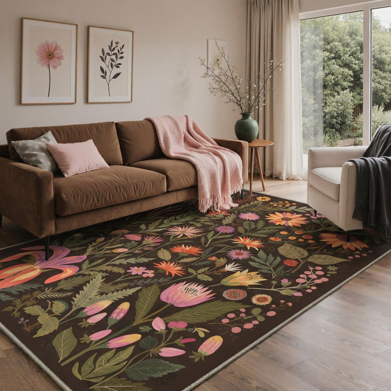 Floret Floral Machine Washable Black Indoor Area Rug with Non-Slip Backing, Rectangle 5' x 7'