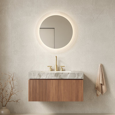 Meuble-lavabo et lavabo de 36 po MURI, armoire de rangement flottante en contreplaqué avec tiroir et porte, plateau en pierre frittée gris clair et lavabo en céramique avec 3 trous de robinet pré-percés, pré-assemblé, couleur grain de bois de chêne brun