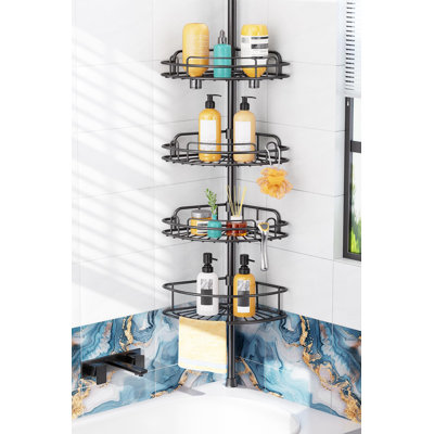 Shower Caddy Tension Pole: 4-Tier Rustproof Bathroom Corner Shelf Organizer For Renters - No Drill Large Shampoo Storage Rack - Adjustable 47-121 Inch - Space Saving Bathtub Accessory - Black