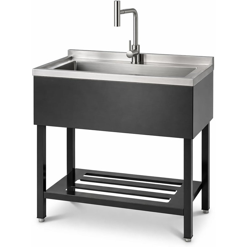 Évier utilitaire autoportant de 91 cm avec robinet extractible, grand bac à lessive à cuve, noir