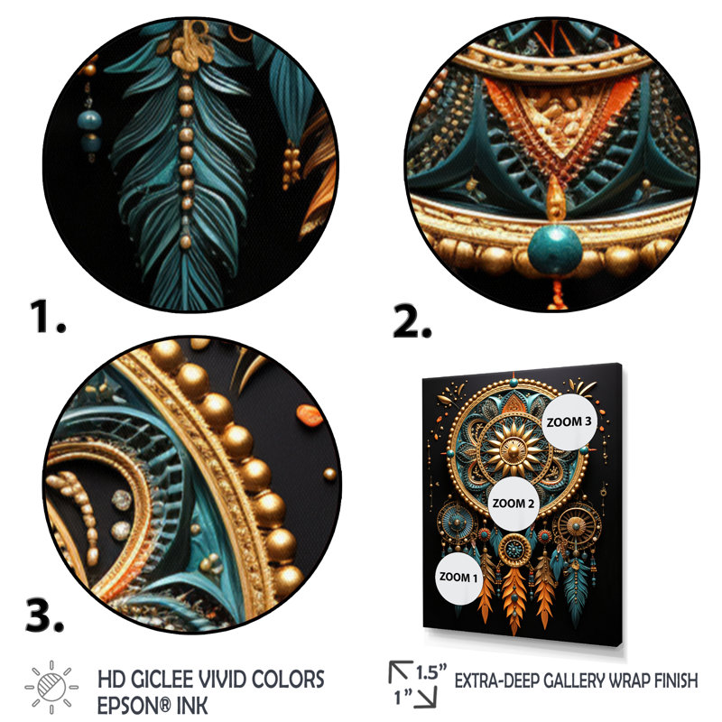 «Gold Dream Catcher Folklore Whispers II», reproduction d'art sur toile, H 32 po x l 16 po x P 1 po, Encadrement doré