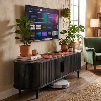 Tv Stand With Storage, 63In Fluted TV Stand Modern Media Console Table Entertainment Center With Sliding Door And Solid Wood Legs For Living Room Bedroom Office Black