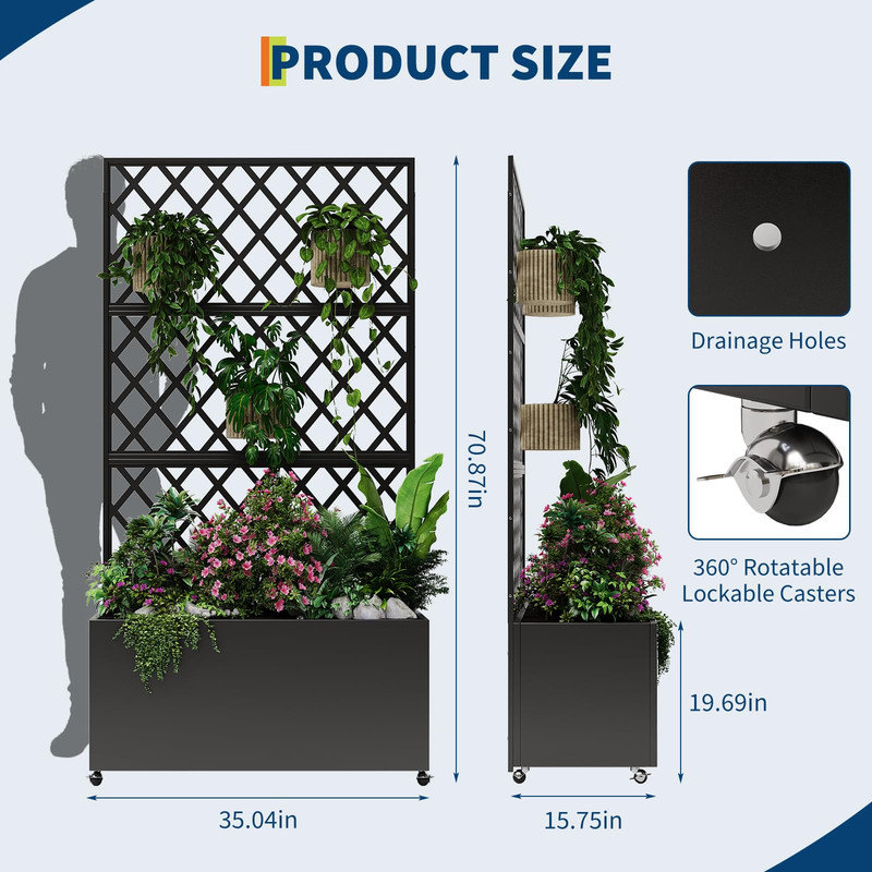Galvanized Steel Raised Garden Bed with Trellis and Wheels – 71"X35"X16", Planter Box for Climbing Plants, Privacy Screen with Lockable Casters