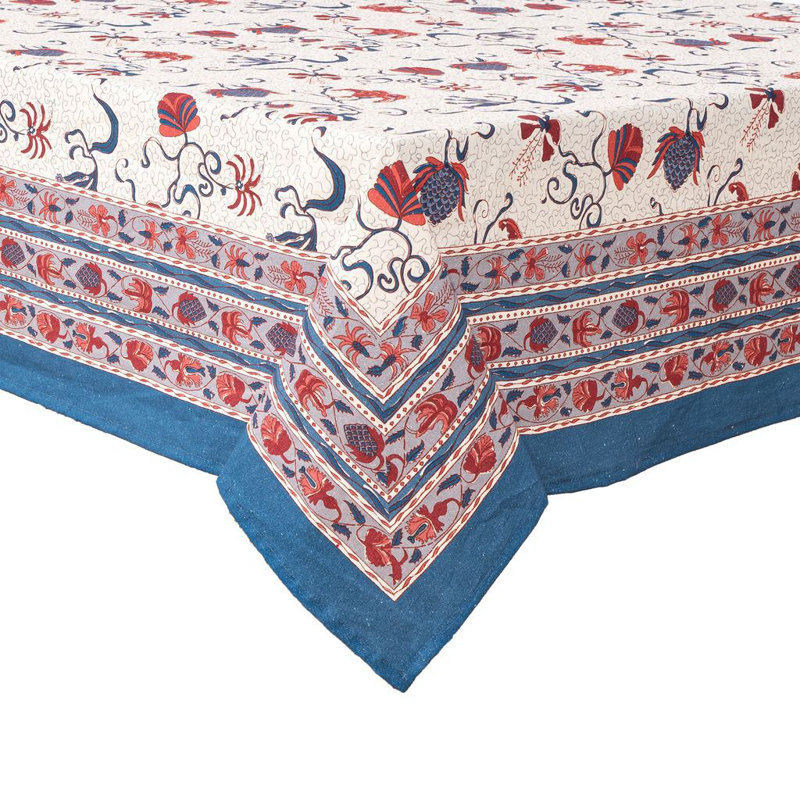 Fleurs Des Indes Handmade Floral Tablecloth, Blue/Red, 59" Square