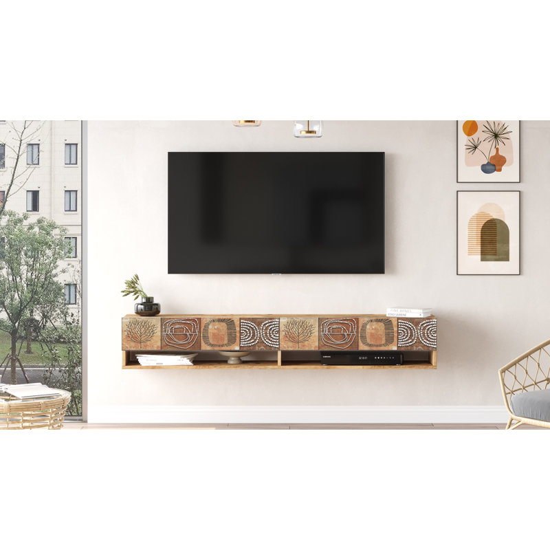 Future Tv Unit Uv Print Oak Color Floating Entertainment Center Console With Storage Shelves & Doors