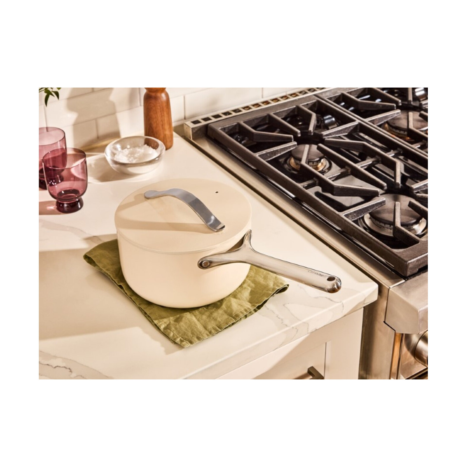 Caraway Nonstick Ceramic Saucepan, Cream, 3 quarts