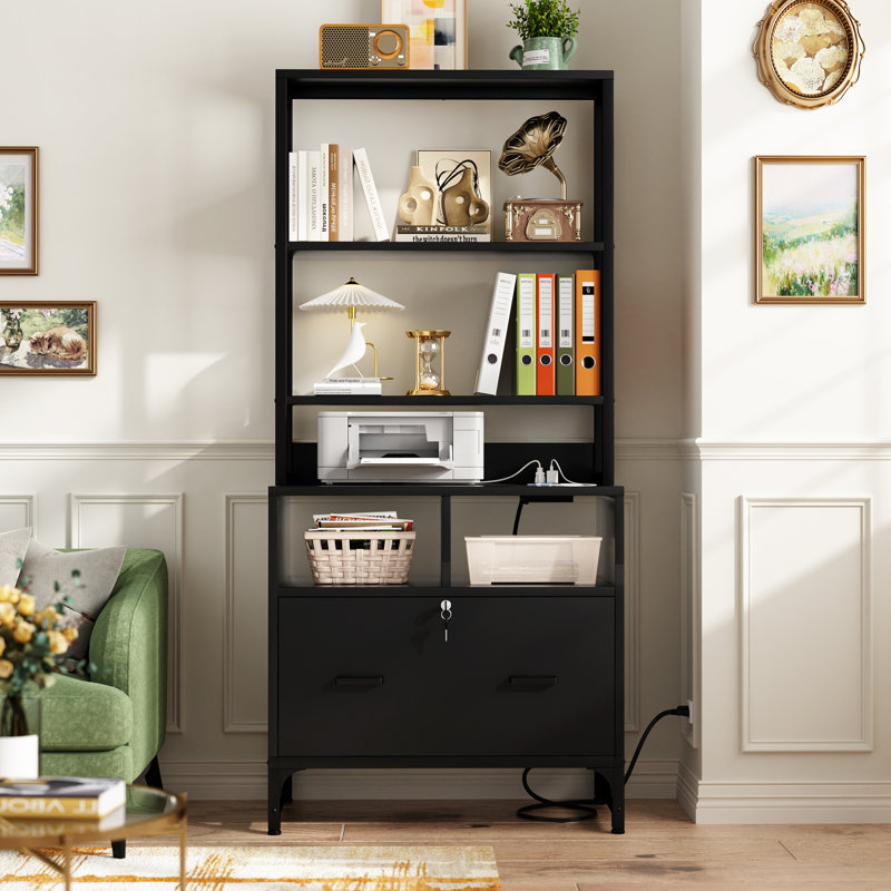 Ezren 29.5" Wide 1 -Drawer File Cabinet with Lock & Charging Station, Black