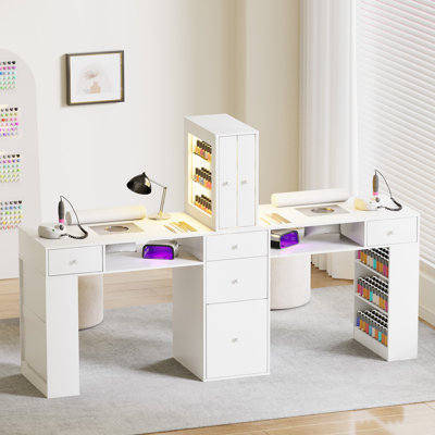 Table de manucure double avec collecteur de poussière, bureau pour deux personnes Nail Tech, table de salon de manucure avec armoire à lumière DEL, tiroirs de rangement, coussin Wirst