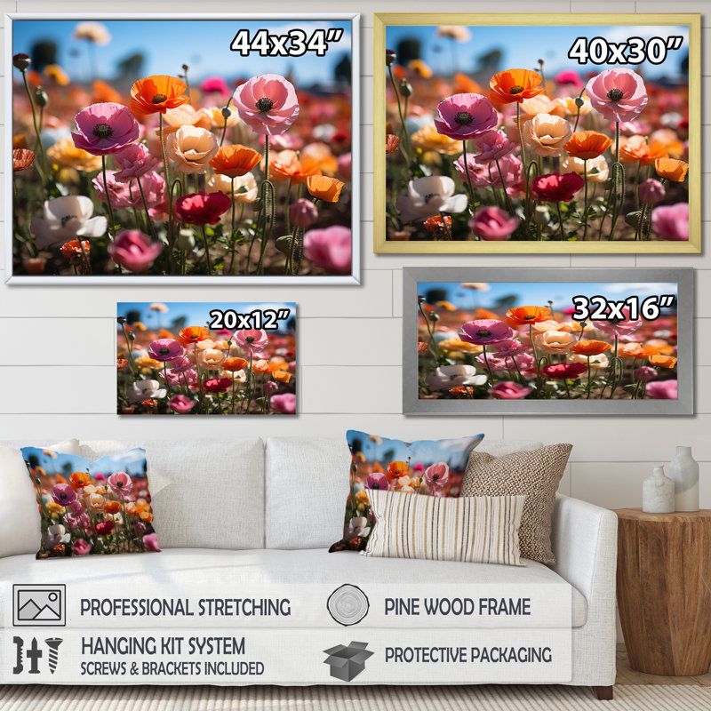 Champ de fleurs vibrantes I, H 16 po x l 32 po x P 1 po, Cadre simple argenté