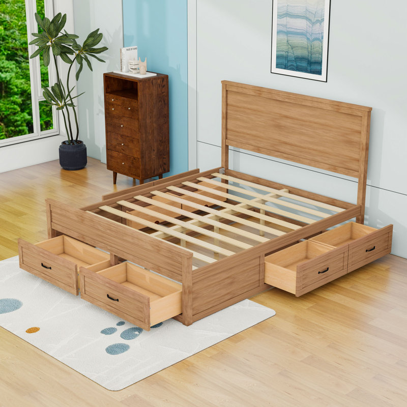 Grand lit plateforme en bois à 6 tiroirs avec tête de lit haute, Dérive en mer