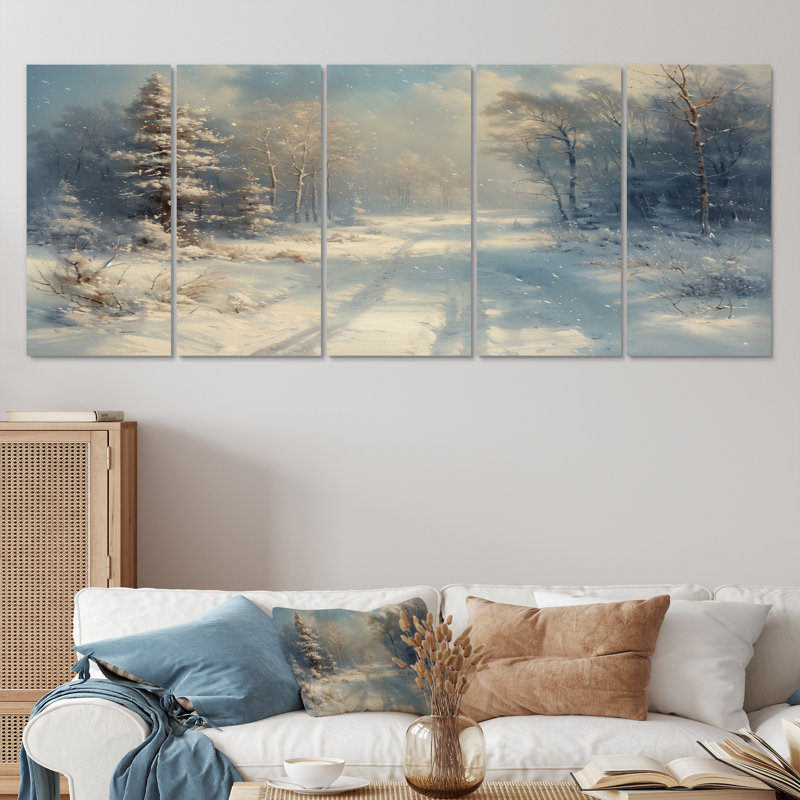 «White Winter Winter Road Into Forest I - Winter Landscape», ensemble d'art mural, H 32 po x l 80 po