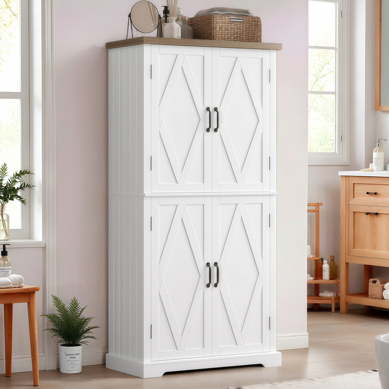 Armoire de salle de bain autoportante en bois de style campagnard 63,5 po Rocher avec 4 portes, armoire de rangement en bois avec tablettes réglables, blanc