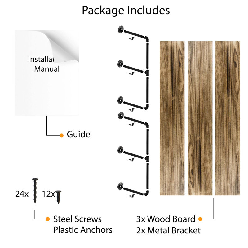60" Pipe Shelves, Wood Shelving Unit, Wall Shelves for Books, Long Wall Shelf, Burnt, 3-Tier, 3pcs Solid Wood Boards Included