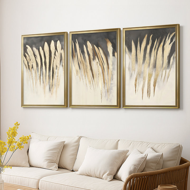 LANDSCAPES Series Lxxxi - Toile tendue avec châssis sur mesure - 3 pièces, H 27 po x l 57 po, Doré