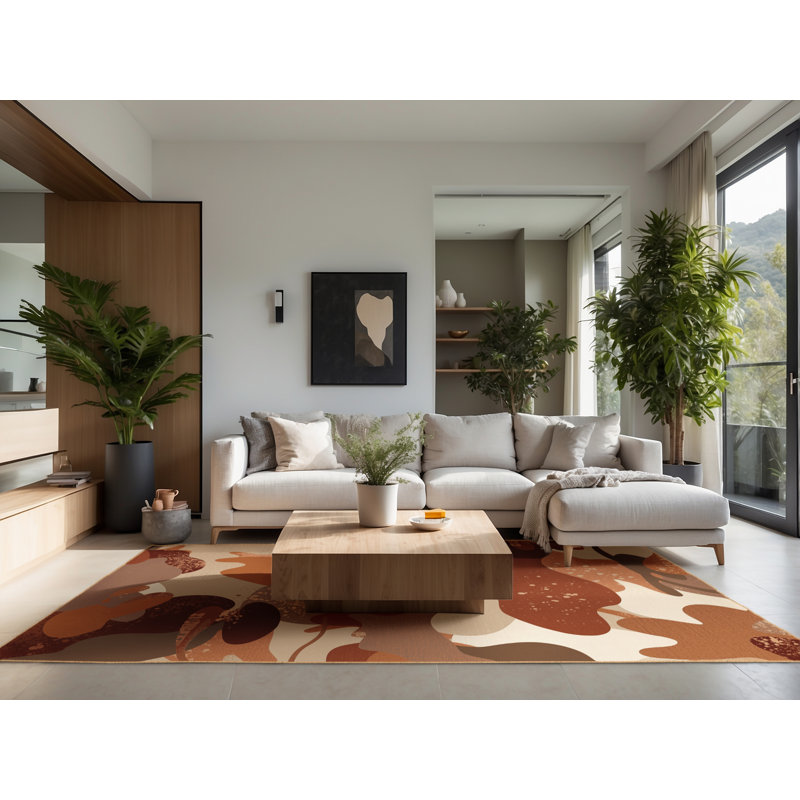 Tapis brun moelleux doux et moelleux à motif abstrait brun clair - Reliure brun clair, 3 x 5