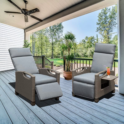 Hand-Woven Resin Outdoor Recliner, 6.8'' Thick Cushions, Gray, Adjustable Angle, Flip Table For Enjoyment Patio Recliner With , Gray Cushions Indoor & Use