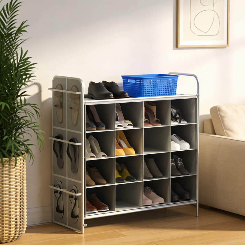 4-Tier 16-Cube Shoe Organizer Rack With Clear Side Pockets, Sturdy Metal Frame And Fabric Cubby Storage For Entryway, Closet, And Bedroom