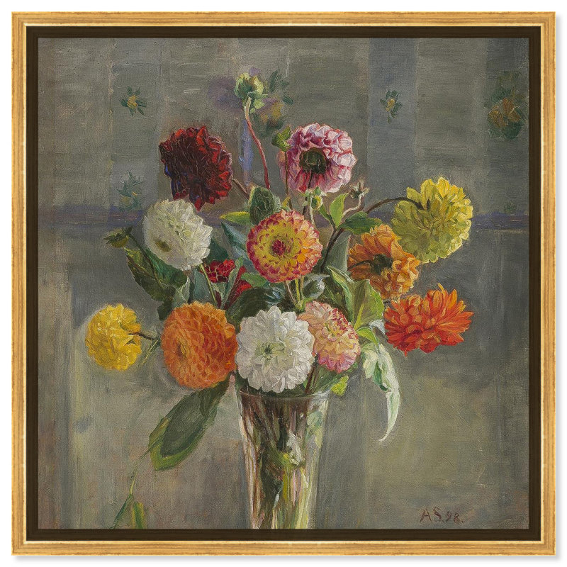 Dahlias in Glass Vase Gold Framed Canvas Wall Art
