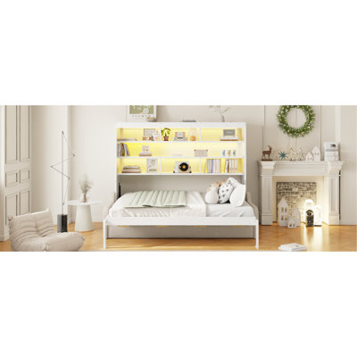 Lit armoire avec canapé escamotable Murphy, tablettes de rangement intégrées et lumière DEL