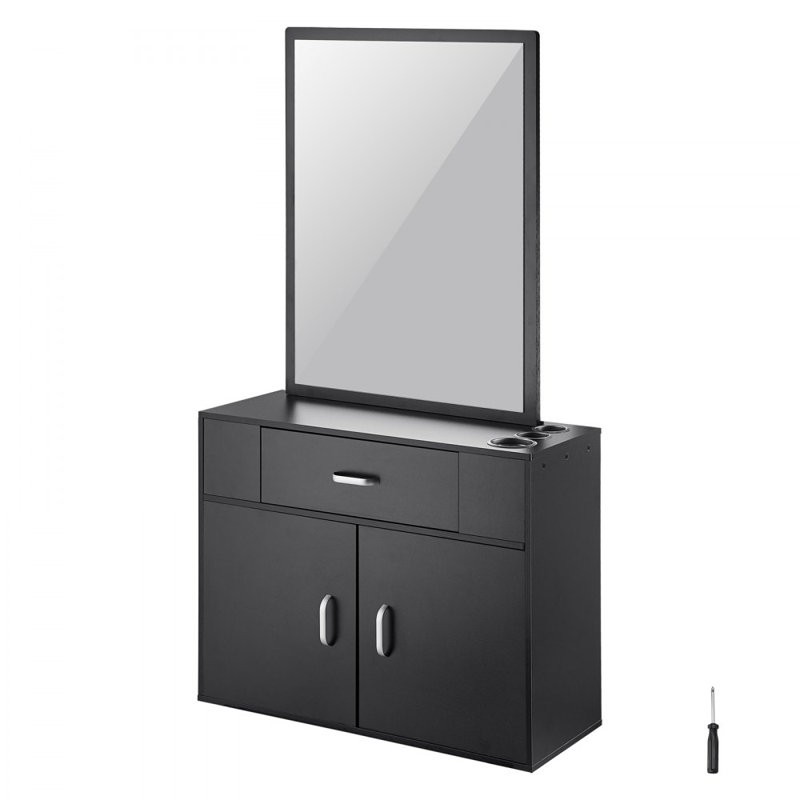 Organisateur de salon, unité de suspension murale pour coiffeurs, complet avec 3 supports, miroir, rangement à double porte et tiroir simple, noir