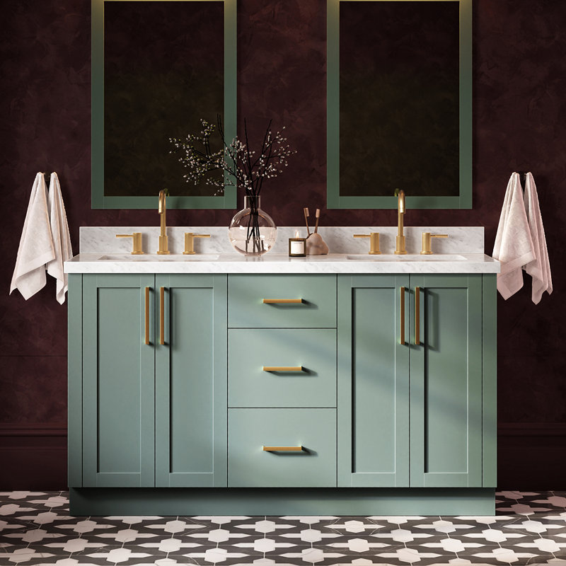 Meuble-lavabo double rectangulaire de 155 cm avec comptoir en marbre blanc de Carrare de 3,8 cm d'épaisseur, couleur vert vintage