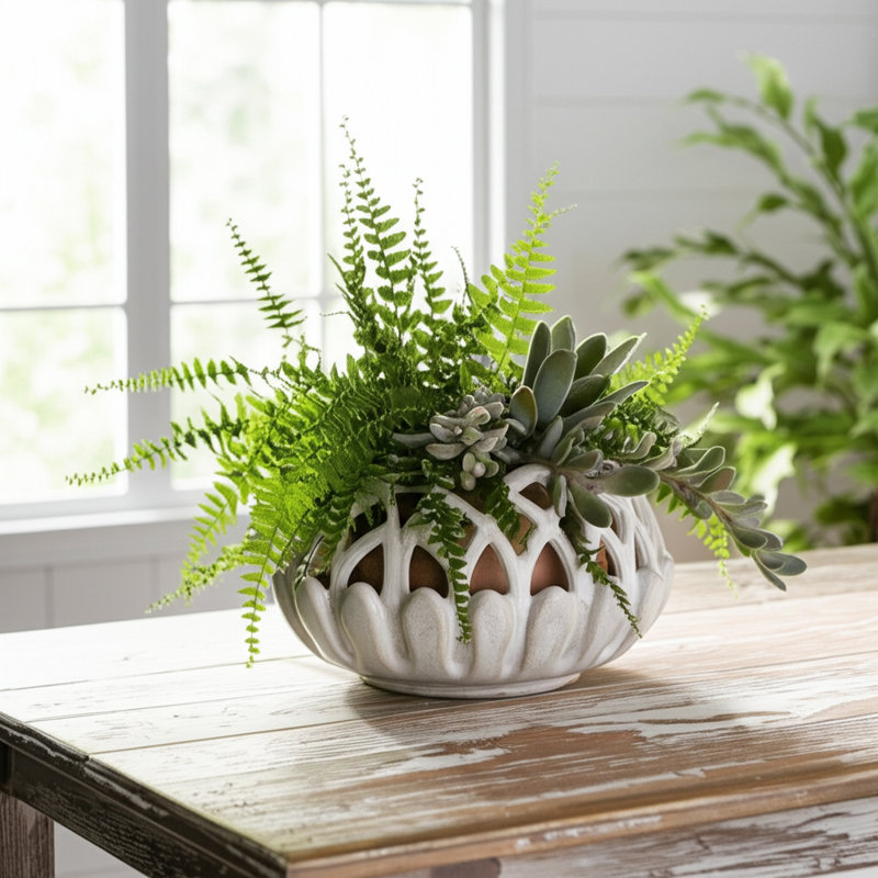 Ceramic Planter Lattice Design Fauna-Inspired Home And Garden Decor - 7" White
