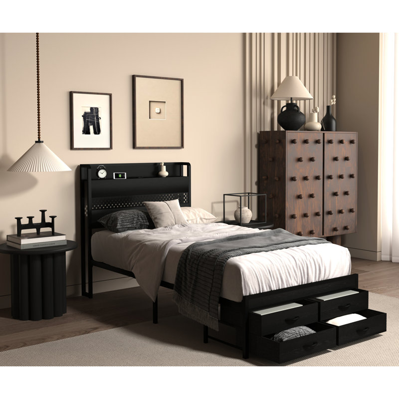 Structure de lit simple avec tête de lit et bandes à DEL multifonctionnelles - aucune boîte à ressorts requise