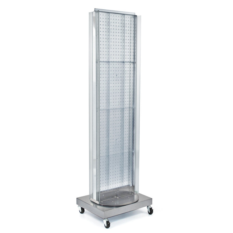 Clear Acrylic Two-Sided Pegboard Floor Display with Wheeled Base