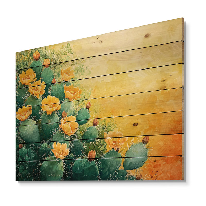 Cactus moderne au Texas - Décoration murale traditionnelle sur bois de pin naturel, H 30 po x l 40 po