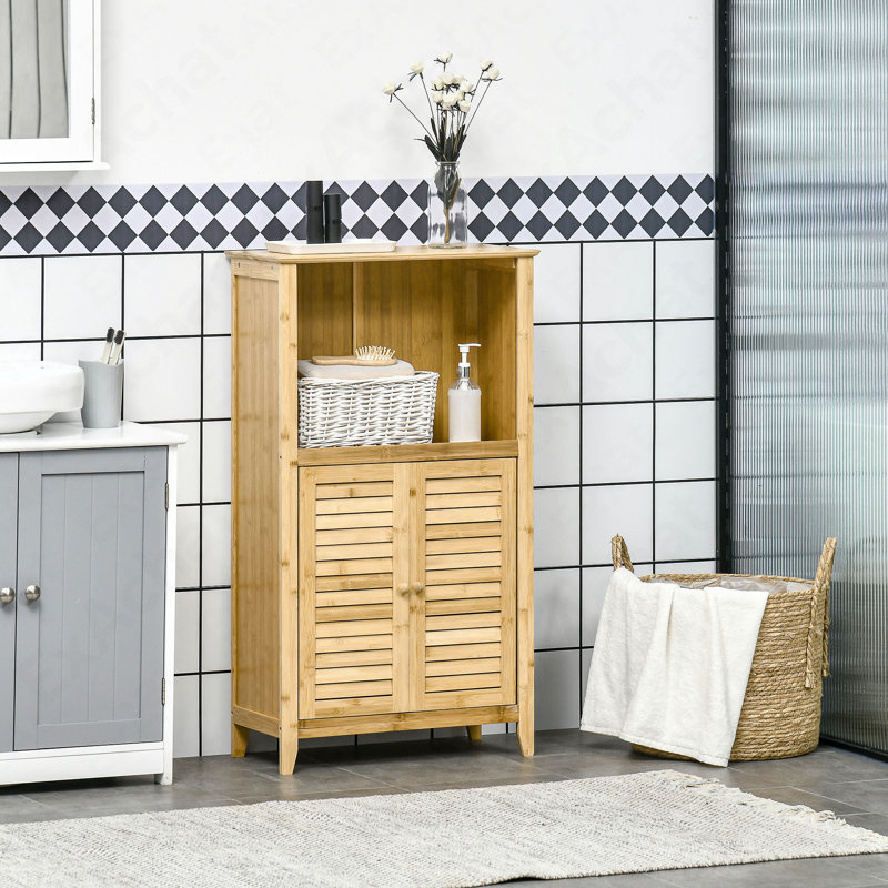 Bamboo Floor Cabinet Bathroom Floor Cabinet Living Room Organizer Tower With Multiple Shelves And Doors, Natural
