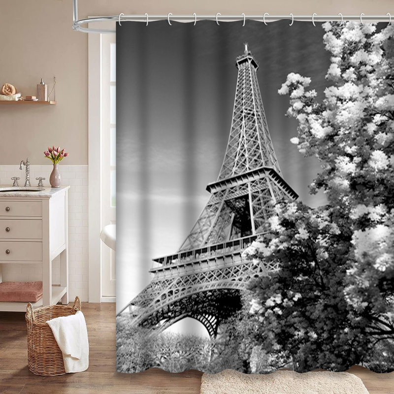 Rideau de douche style Eiffel à 12 crochets noir et blanc Tour Eiffel, L 72 po x l 84 po