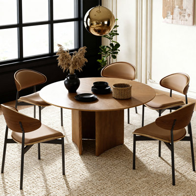 59 Inch Round Dining Table With Parquet Craft Multi Layer Board Top Base For Dining Room, Modern Mid Century Table