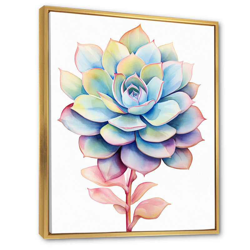 «Blossoming Succulent In Tender Retro BlueI», reproduction sur toile, H 40 po x l 30 po, Cadre flottant doré