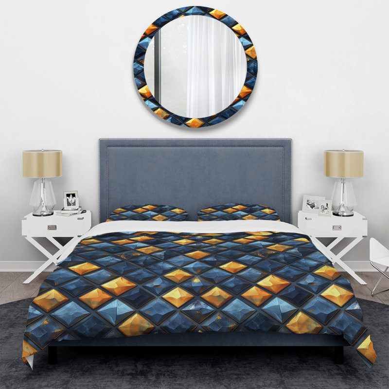 Ensemble de housse de couette moderne bleu et jaune Modern Rhombus IV, Housse de couette pour grand lit et 2 taies décor