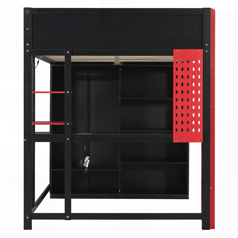 Wood Loft Bed with Desk, Open Wardrobe, and RGB Light for Ultimate Gaming and Study, Red