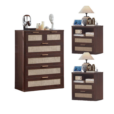 Ensemble de commode et table de chevet en rotin de 3 pièces, meubles de chambre à coucher en bois Boho, commode à 6 tiroirs et tables de chevet à 2 tiroirs avec station de charge