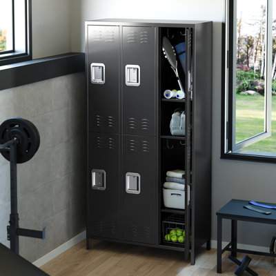 Armoire de rangement de bureau robuste en métal - 6 portes, verrou sécuritaire, construction en acier, conception ventilée, organisateur avec crochets et tablette, résistant à la rouille pour le bureau, l'école, la salle de sport, le garage - noir
