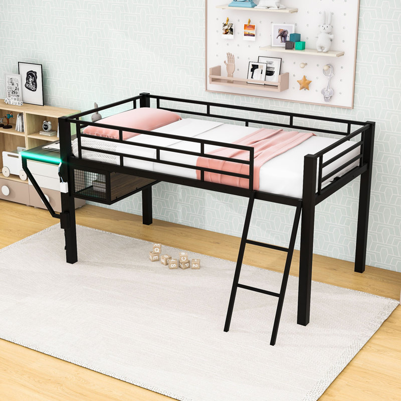 Lit de jeu Loft avec bureau éclairé à DEL et tablette de rangement, Simple