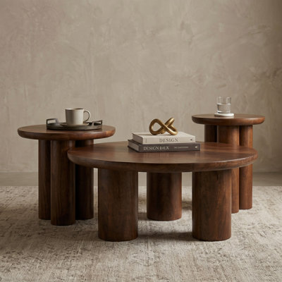 3-Piece Living Room Set – Natural Wood Round Coffee Table with Two Matching End Tables, Solid Mango Wood with Sculptural Pedestal Base for Modern Living Spaces – Walnut